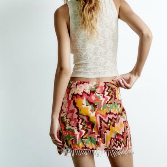 Zara Front Tie Mini Skirt Beaded Fringe Size L - Picture 4 of 10